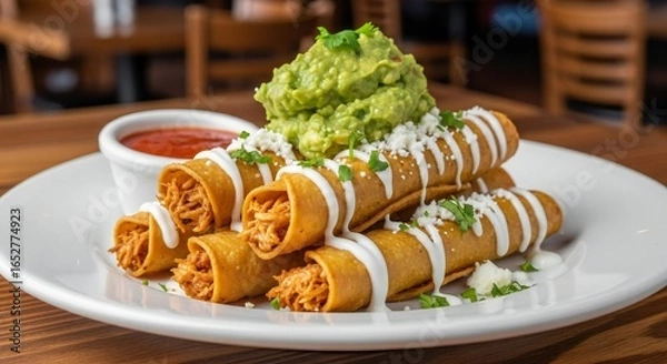 Fototapeta Delicious chicken flautas, topped with guacamole and fresh cheese offering a delightful culinary