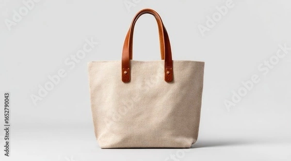 Obraz Light beige canvas tote bag with tan leather handles