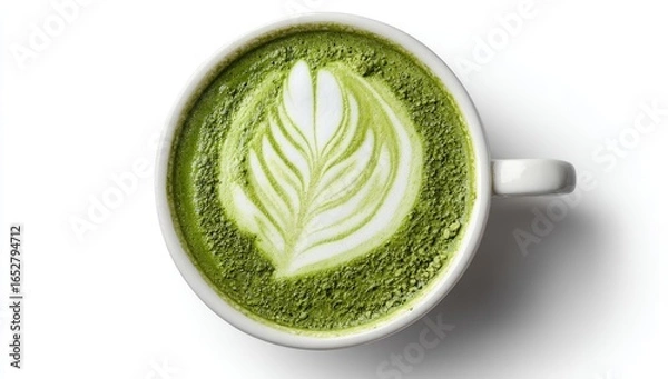 Obraz Top view of matcha latte in white mug.  Foamed milk art