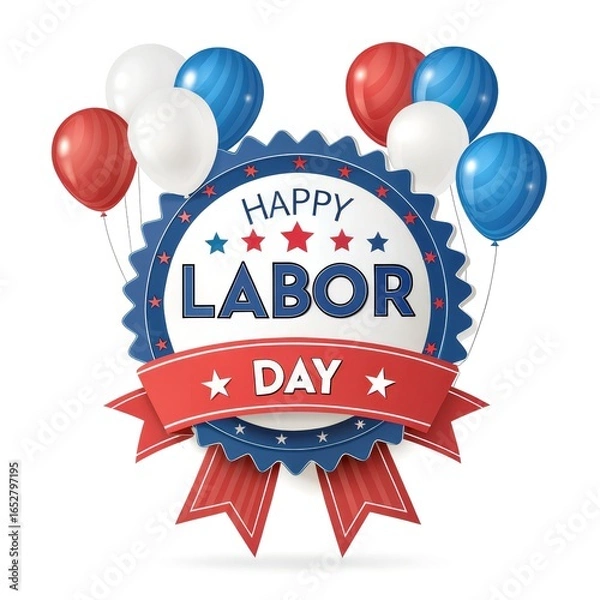 Obraz Happy Labor Day badge with red white blue balloons, stars, and ribbon banner 3D isolated PNG on white