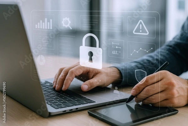 Fototapeta Cybersecurity Professional Analyzing Threat Data on Laptop with Padlock Icon Overlay and Tablet for Enhanced Protection