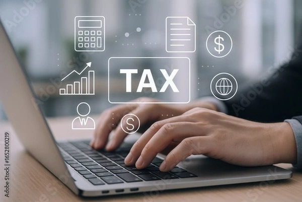 Fototapeta Tax Preparation on Laptop with Financial Icons Representing Business Accounting and Planning Solutions
