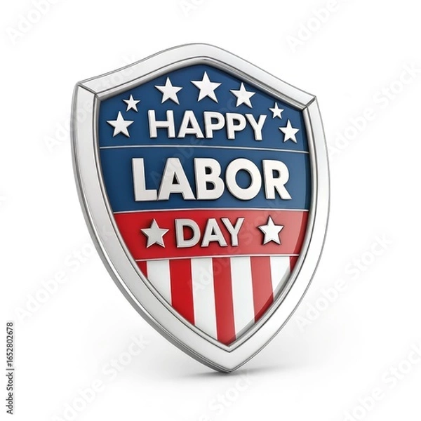 Obraz Happy Labor Day shield badge with stars, stripes, and bold patriotic text 3D isolated PNG on white