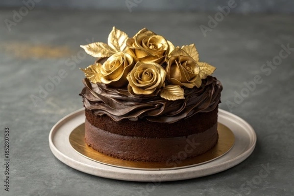 Obraz Decadent chocolate cake decorated with golden roses