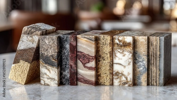 Obraz Assorted stone slabs, various colors and textures, arranged on a light surface