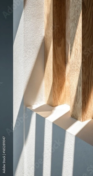 Obraz Sunlight streams through a light-filled window, casting shadows on a white wall.  Wooden beams frame the window