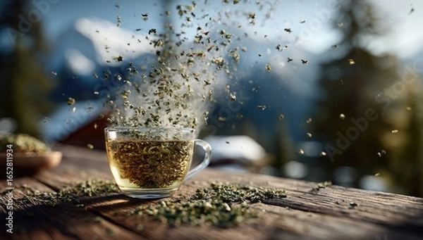 Fototapeta Steaming cup of tea with tea leaves erupting