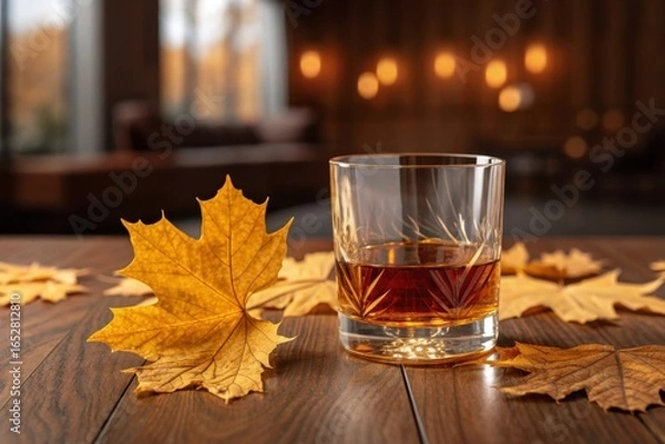 Obraz Glass of amber whiskey on wooden table with autumn maple leaves