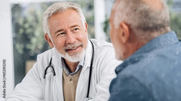 Obraz A doctor and elderly patient engaged in a friendly consultation, discussing health concerns in a medical office.