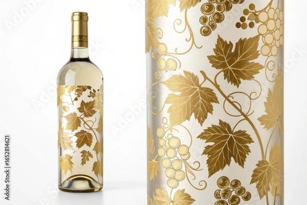 Obraz Elegant white wine bottle with golden grapevine decoration