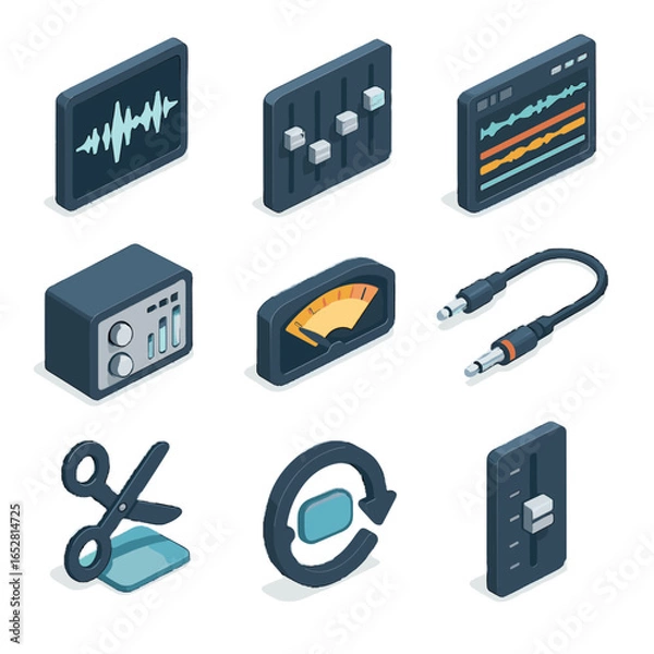 Fototapeta Edit tool vector sound workstation box equalizer waveform icon isometric cable sliders