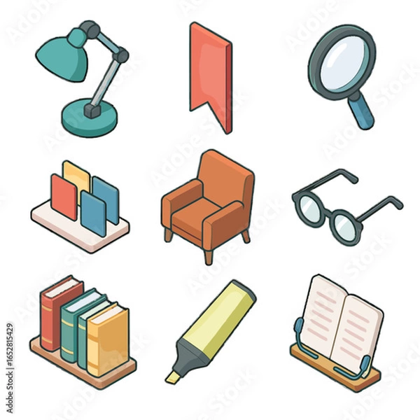 Fototapeta Icons magnifying annotation bookmark shelf adjustable highlighter reading holder vector support glass
