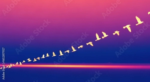 Fototapeta A serene flock of birds fly in formation against a vibrant gradient sunset backdrop illustration.