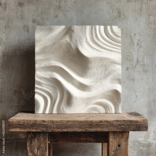 Fototapeta Square, light-cream, sculpted panel, abstract relief, rests on rustic wooden stool against textured wall