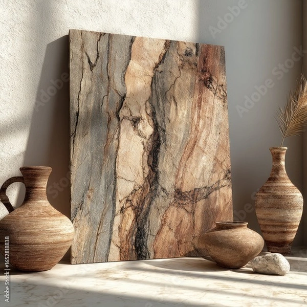 Obraz Abstract wood-grain art piece, set against a neutral background with terracotta pottery and a dried flower