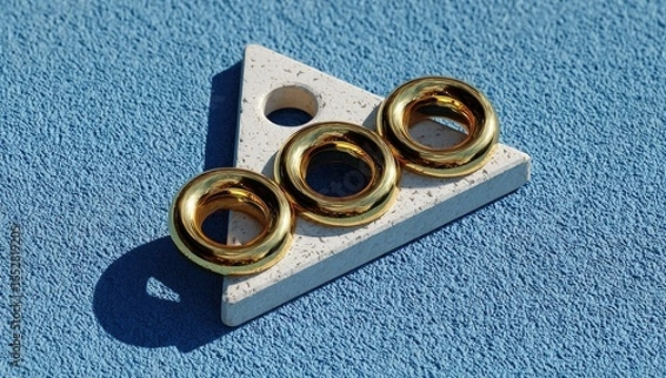 Fototapeta Three golden rings on a white triangle,  3D render