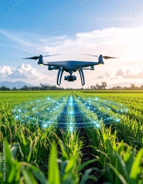 Fototapeta Smart farming drone analyzing crop health with a futuristic digital grid over a lush green field at sunset.
