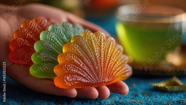 Obraz Hand holding colorful, fan-shaped,  jelly candies