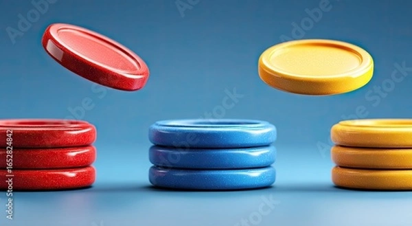 Obraz Three stacks of colored tokens, two in flight