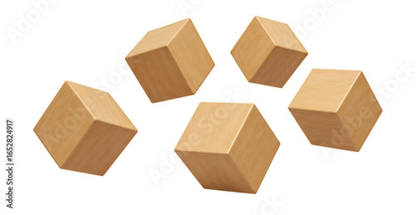 Fototapeta A cluster of five floating Blank wooden cubes isolated on transparent cutout background, cut out, png