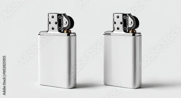 Obraz Two silver rectangular lighters, side-by-side, on a plain white background.  The lighters show detailed metal components