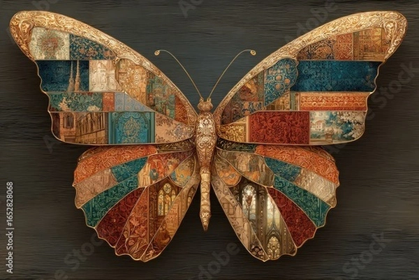Fototapeta Butterfly wings composed of ornate, patterned textiles