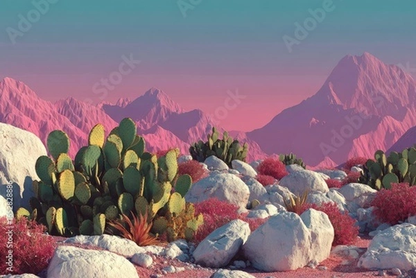 Obraz Pink-toned desert landscape with cacti and rocks