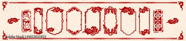 Obraz Chinese frame set, traditional oriental New Year border print, red holiday ink decoration stamp kit. Cloud and wave silhouette, vintage Japanese hand drawn ornament east festive graphic. Chinese frame