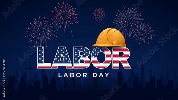 Fototapeta Labor day celebration with american flag text and fireworks