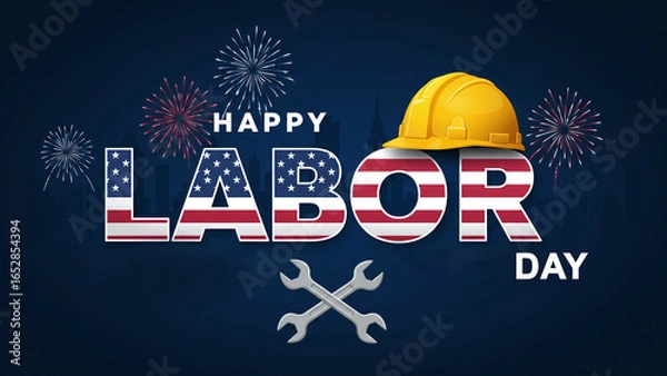 Fototapeta Happy labor day with american flag and construction elements