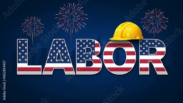 Fototapeta Labor day celebration with american flag text and fireworks