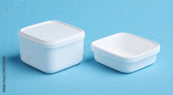 Fototapeta Two light-blue square food containers, one larger than the other, on a light-blue background