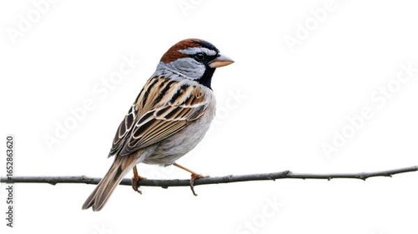 Fototapeta A beautiful chipping sparrow with its distinctive reddish cap and striped plumage perches calmly on a delicate branch showcasing nature's artistry in detail