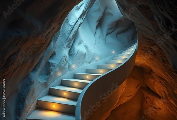 Fototapeta A winding staircase ascends through a cave with soft lighting, creating a serene atmosphere.