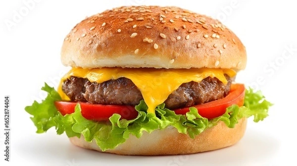 Fototapeta Delicious burger on a sesame seed bun, overflowing with fresh ingredients
