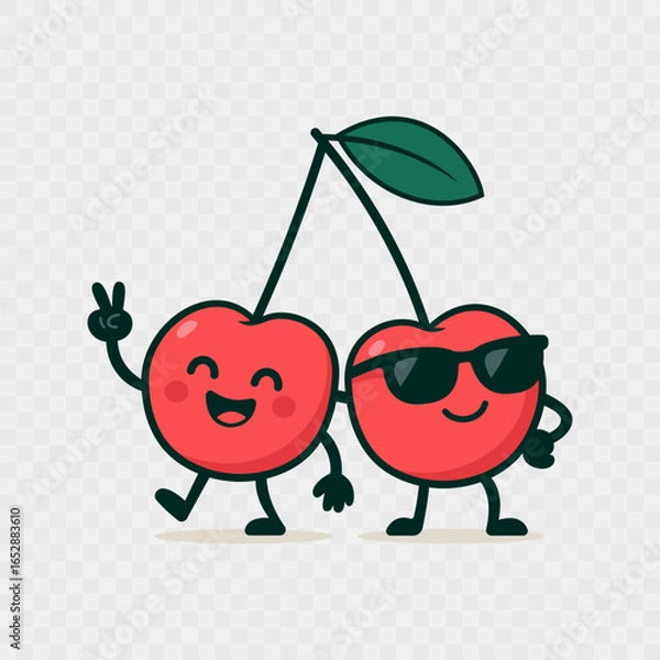 Fototapeta Cute cartoon cherries with happy faces. Fun fruit character illustration for kids design, stickers, or packaging. Vector illustration EPS10.