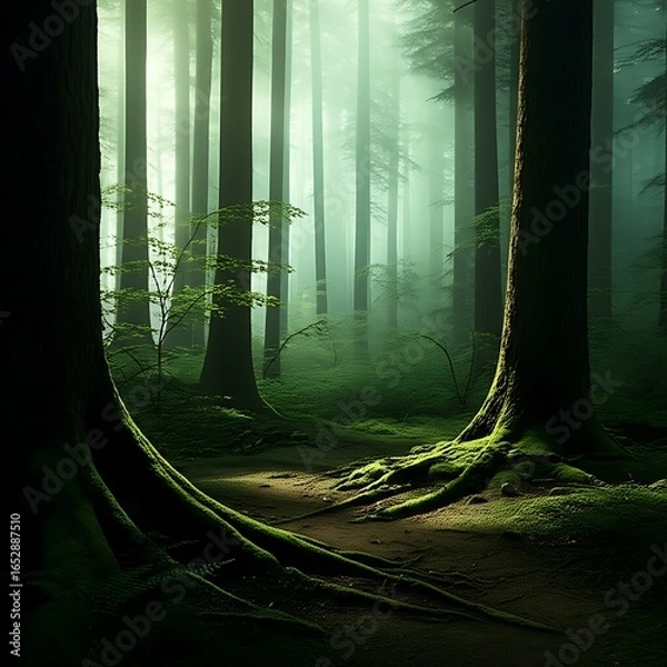 Obraz Misty Forest with Sunlight and Moss