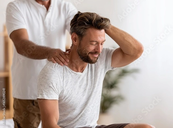 Fototapeta Stock photo of an athletic man in his thirties sitting on a massage table with one hand over his head and the other arm around his shoulder,