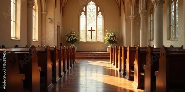 Fototapeta Solemn church setting, simple floral decor, empty pews, empty, solemn