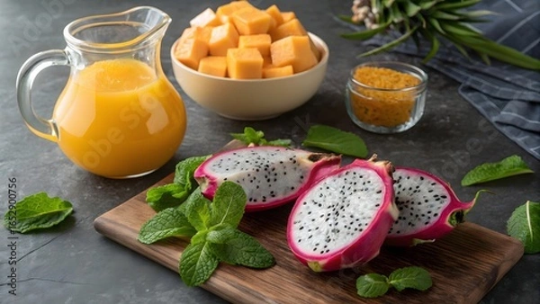 Fototapeta Vibrant tropical fruit platter featuring dragon fruit mango and fresh orange juice