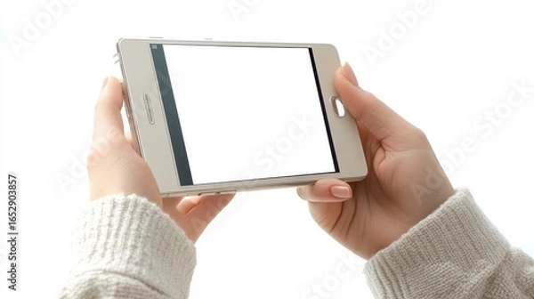 Fototapeta Woman's Hands Holding a Smartphone with Blank Screen Against White Background