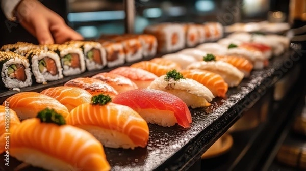Fototapeta Assorted Sushi and Sashimi Platter with Salmon Nigiri and Rolls