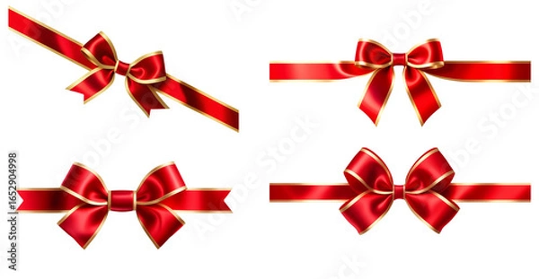 Fototapeta Set of Red Silk Bow And Ribbon with Golden Edging Tied into Elegant Bows, isolated on transparent cutout background, cut out, png