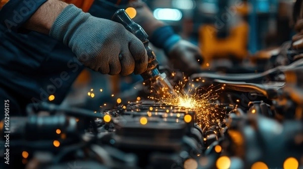 Fototapeta Close up of a Mechanic's Hands Welding Metal with Sparks