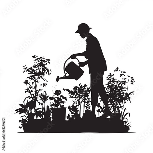 Fototapeta Black Silhouette of a Man Watering Plants in the Garden – Vector Illustration