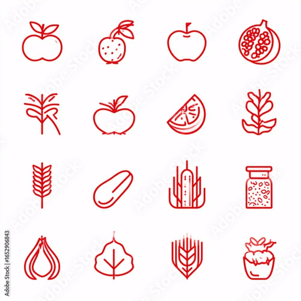 Fototapeta A simple and clean icon set representing healthy foods, focusing on fruits, vegetables, and grains, perfect for diet and nutrition-related content.