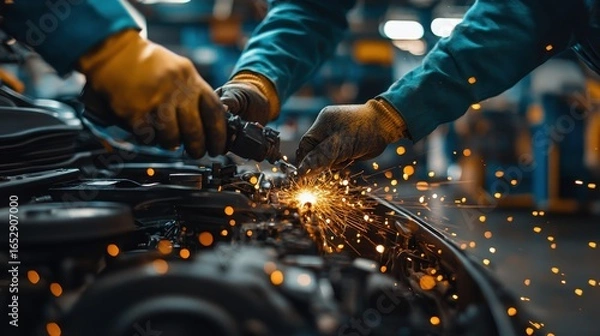 Fototapeta Close Up Of Two Mechanics Working On Car Engine With Sparks