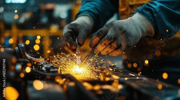 Fototapeta Close Up of Welder's Hands with Sparks During Metalwork