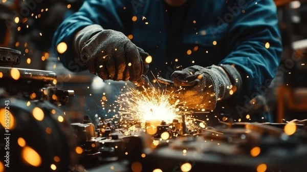 Fototapeta Close Up of Welder's Hands Working with Metal Sparks