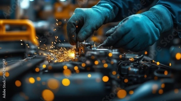 Fototapeta Close Up of Worker's Hands in Blue Gloves Working on Machinery with Bright Sparks